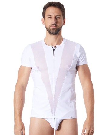 lingerie homme : tshirt blanc avec bandes résille en v