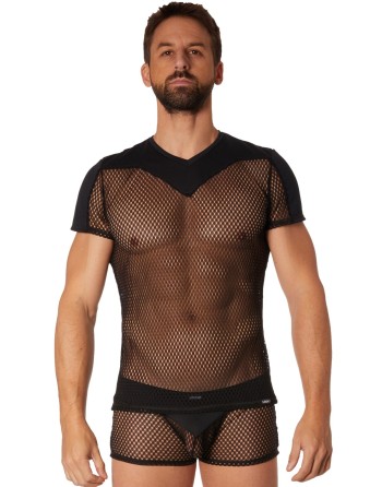  lingerie masculine : tshirt noir opaque et filet